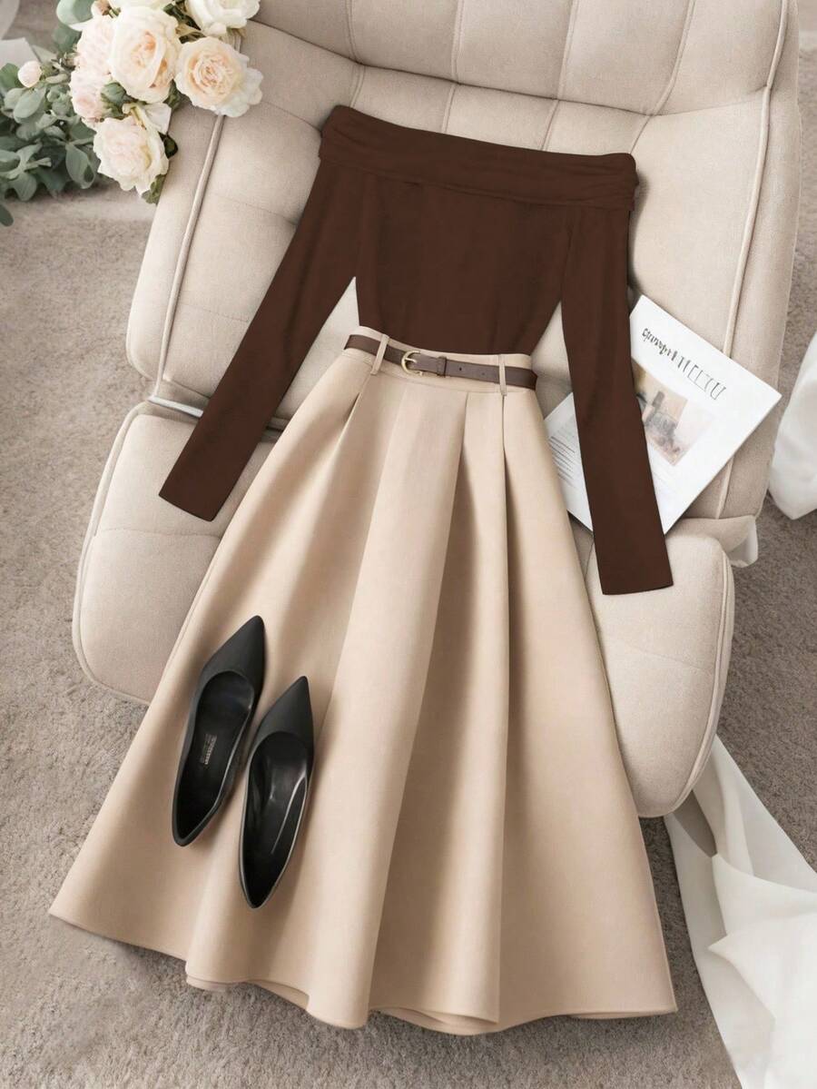 Franclia Women's Elegant Off-Shoulder Long Sleeve Top And A-Line Skirt Set - Brown - View 1
