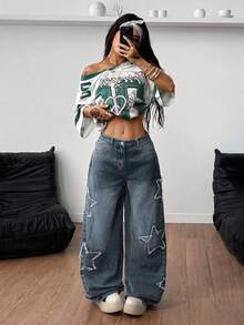Jeans desgastados con estampado de estrella de estilo atlético y grunge para mujeres - Azul 4 - Ver 3