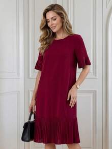 Miaspire 女士纯色圆领短袖荷叶边下摆休闲宽松连衣裙，夏季穿搭 - 深紅色 - 查看 4