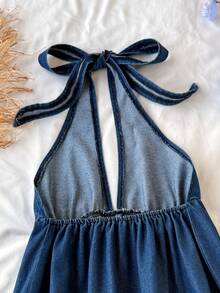 Soleia 女士休闲度假风露背系带飘逸下摆牛仔连衣裙，夏季 - 深色水洗藍 - 查看 5