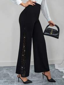 SHEIN Tall CURVE 大码水钻装饰休闲裤 - 黑色 - 查看 4