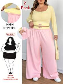 SHEIN CURVE+ 新款春秋季休闲度假两件套，字母印花长袖T恤搭配撞色长裤，奶油黄和粉色 - 彩色 - 查看 2