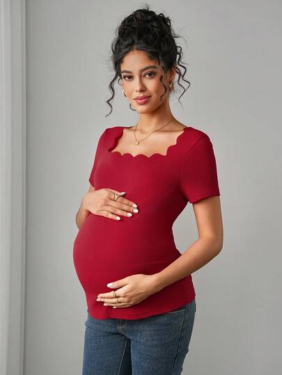 SHEIN Schwangeren Frauen Lässig Tägliches Einfarbiges T-Shirt mit Muschelsaum Kurzarm