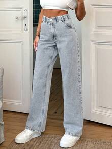 RueChic 100% Cotton Elastic Belt Detailed Straight Cut Jean - Medium Wash - View 3