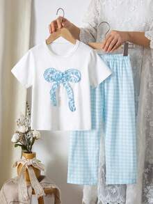 Young Girl Vintage Blue Plaid Short Sleeve Top And Pants 2-Piece Casual Pajama Set, Crew Neck With Ruffle Bow Decor, Fashionable And Versatile For Spring/Summer - Blue - View 3