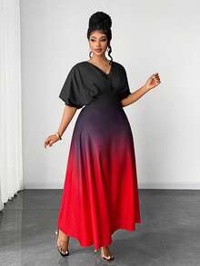 Maweii Plus Size Women Elegant Vintage Gradient Short/Long Sleeve Dress For Party - Multicolor - View 2