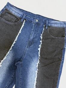 Manfinity EMRG Men's Stylish Street Elastic Yin Yang Patchwork Flared Jeans Two Tone Jeans - Blue - View 5