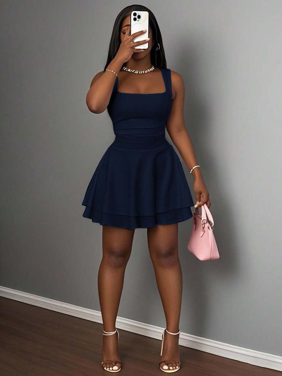 Slaydiva Women's Casual Basic Sleeveless Ruched Layered A-Line Short Dress, Sweet Square Neck - Navy Blue - View 1