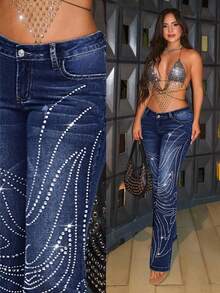 Jeanoix Low Waist Slim Fit Rhinestone Embellished Fashionable Women's Jeans - Dark Wash - View 1