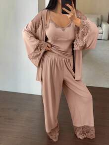 DAZY 3pcs Lace Patchwork Robe, Camisole & Pants Women Sleepwear Set - Coral Pink - View 5