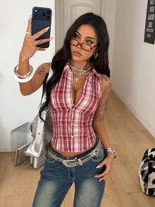 Coolane Women's Spring Concert Outfit Rave Outfit Festival Y2K Chic Going Out Rave Outfit  Red Plaid Graphics Sleeveless Blouses - Red - View 1