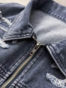 ROMWE MEN Street Life Veste en jean décontractée à manches courtes avec fermeture éclair et bord effiloché de couleur unie pour hommes - Bleu azur - Voir 7