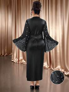 Elenzga Vestido Plus Size Com Mangas Assimétricas Em Patchwork Pu E Chiffon, Elegante Para Passeios, Festas, Encontros, Reuniões E Eventos Formais. - Preto - Ver 3