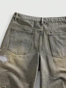 ROMWE MEN Men's Cross & Letter Applique Slant Pocket Casual Denim Shorts - Blue - View 6