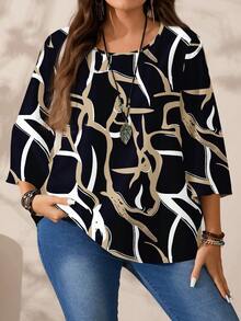 EMERY ROSE Blus Wanita Ukuran Besar Elegan dengan Motif Geometris Abstrak, Kasual, Potongan Longgar, Leher Bulat, Lengan 3/4, Cocok untuk Liburan Musim Semi - MultiWarna - View 7