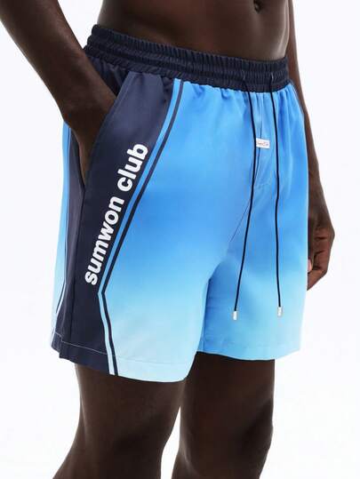 SUMWON Summer Gradient Board Shorts With Side Stripes And Brand Logo Text Beach Swim Trunks For Vacation Pool