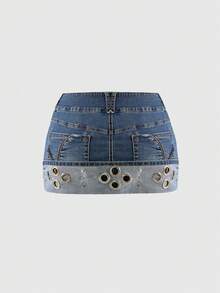 ROMWE J-Fashion Chân váy denim mini phong cách retro Y2K ánh kim, chân váy denim cỡ lớn - Màu xanh lam - Xem 2