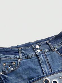 ROMWE J-Fashion Chân váy denim mini phong cách retro Y2K ánh kim, chân váy denim cỡ lớn - Màu xanh lam - Xem 4