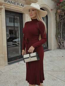 Cioccolato 女士纯色立领长袖简约宽松 A 字裙 - 酒紅色 - 查看 6