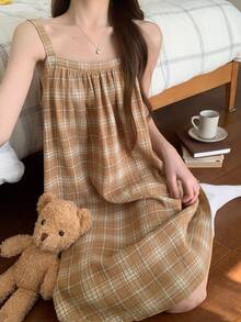 DAZY 格子宽松A字无袖女士家居连衣裙 - 駝色 - 查看 6