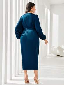 SHEIN CURVE+ Plus Size V-Neck Long Sleeve Allover Print Waist Tie Slim Fit Elegant Charming Long Evening Dress - Blue - View 2