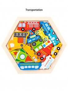 1件装木制创意3D拼图积木，包含交通、动物和水果图案，兼具认知和拼图功能，创意主题卡通叠叠乐玩具 - 彩色 - 查看 7