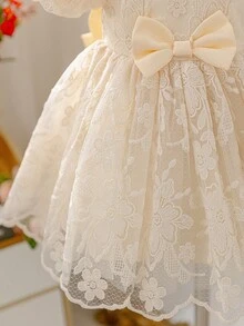 SHEIN Glamorique Kids 女婴碎花选美礼服，公主生日派对礼服，杏色碎花，蝴蝶结露背，可爱，四季皆宜，优雅 - 杏色 - 查看 7