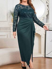 Modelyn Plus Size Elegant Party Sequin Embroidery Patchwork Wrap Dress - Dark Green - View 5