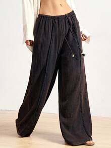 Bohemela 女士休闲纯色梭织宽松水洗裤 - 黑色 - 查看 3