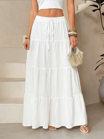SHEIN Tall Women's Casual Holiday Multi-Layer Cake Hem Skirt, Suitable For Summer White Tiered Skirt Long White Skirt Drawstring Skirt Summer Skirt Chic Skirt