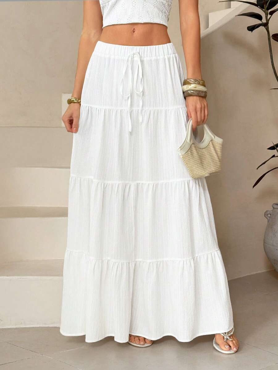 SHEIN Tall 女士休闲假日多层蛋糕裙摆半身裙，适合夏季穿着，白色多层长裙，抽绳半身裙，夏季时尚半身裙 - 白色 - 查看 1