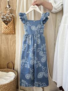 Vintaside Kids 1pc Vintage Casual Slim Fit Unique Cherry Print Jumpsuit, Suitable For Outdoor Summer And School - Blue - View 3