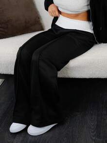 SAYEHFBABY بنطلون فرنسي رمادي فاتح ذو قصة واسعة، بنطلون كاجوال يومي للنساء، ملابس شتوية للخروج والمدرسة والارتداء اليومي بتصميم ال- Y2K، بنطلون محبوك بياقة منحرفة باللون الأبيض - الأسود - مشاهدة 3