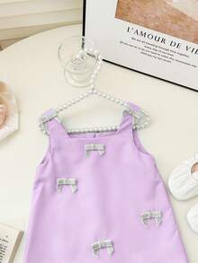 Cute & Elegant Baby Girl Summer Dress,White Colorblock Bow Tie Decor Purple Lavender Lilac Birthday Dress,Spaghetti Strap Birthday Outfit For Baby - Purple - View 6