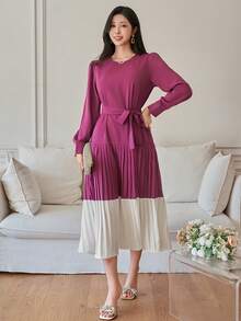 DAZY Women's Elegant Contrast Color Pleated Waist Midi Dress, Spring/Summer Wedding Guest Dress - Red Violet - View 8