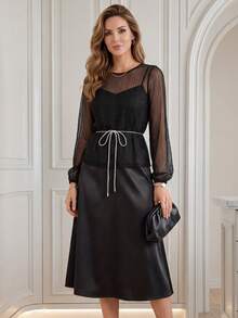 Miaspire This Elegant Women's Dress Features A Classic Pure Black Base. The Sheer Fabric Of The Bodice Is Adorned With Delicate Shimmering Silver Threads, Creating A Textured Contrast With The Matte Satin Skirt, Exuding A Subtly Luxurious Feel. The Floral Pattern Is A Minimalist Solid Color Design, Understated Yet Sophisticated. The Silhouette Consists Of A Sheer Long-Sleeved Top, A Belted Waist, And A Flowing Satin Skirt. The Lightweight Fabric Is Versatile Enough For Various Occasions, Showcasing Elegant Style. Perfect For Summer, It's Suitable For Evening Events, Casual Gatherings, Or Romantic Dates. The Pure Black Base Conveys A Sense Of Sophistication, While The Combination Of Sheer Fabric And Satin Showcases Fashionable Taste. It's A Versatile And Stylish Choice For Your Summer Wardrobe.,Summer Outfits - Black - View 3