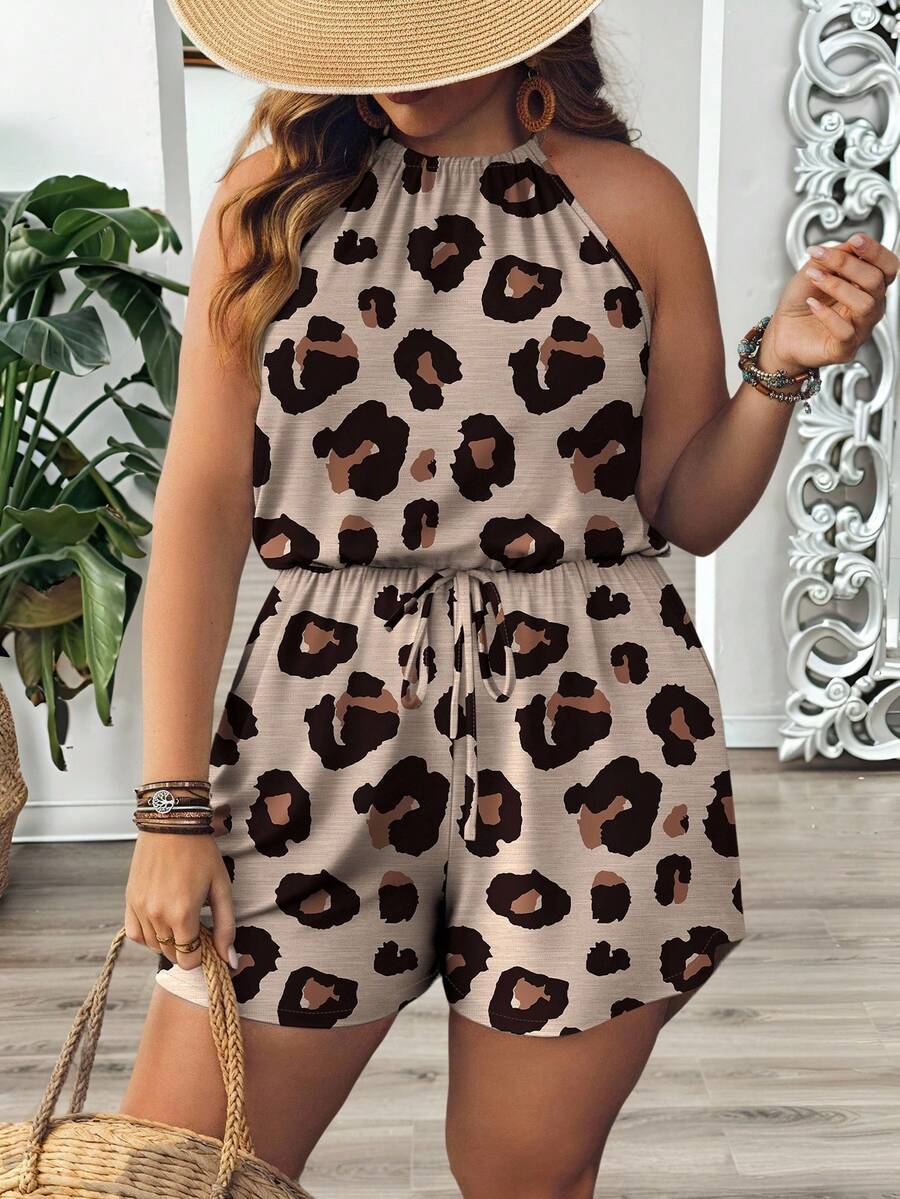 Mellowie Bộ jumpsuit nữ cỡ lớn họa tiết da báo cổ điển thanh lịch, trang phục mùa hè cho nữ, trang phục sành điệu cho nữ, thích hợp đi chơi, công sở, dự tiệc, đón năm mới. - Màu Khaki - Xem 1