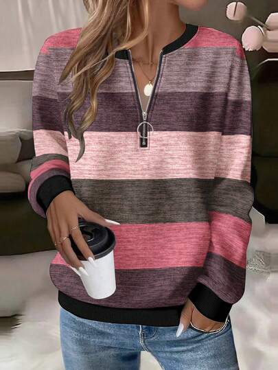 EMERY ROSE Damen Sweatshirt in Große Größen mit Reißverschluss, Rundhalsausschnitt und strukturiertem gestreiftem Muster