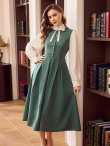 Vintamour Đầm nữ cổ điển thanh lịch có túi, kiểu dáng 2 trong 1, tay áo sơ mi, nơ, viền bèo nhún, cúc ngọc trai, phối màu tương phản, thích hợp cho công sở, du lịch, nghỉ lễ, đầm dài mùa hè cho nữ, trang phục mùa hè, đầm dài mùa hè cho nữ, quần áo mùa hè, trang phục nghỉ hè, trang phục mùa xuân cho nữ, trang phục nghỉ xuân, quần áo mùa xuân, đầm mùa xuân cho nữ, đầm thanh lịch cho nữ. - màu xanh lá - Xem 5