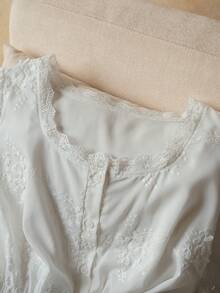 Elaquor Plus Size Women Floral Embroidery Contrast Lace Puff Sleeve Single-Breasted Fashionable Blouse Spring, Summer Tops - White - View 4