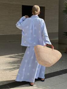 Livesso 两件套女士印花衬衫和休闲裙套装 - 藍色 - 查看 2