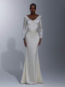 Elitara Elegant Minimalist Cream Satin Long Sleeve Pleated Front, Sexy Open Back Ruffle Trim Mermaid Hem Formal Gown, Evening Dress, Party Dress - Apricot - View 2