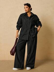 SHEIN Tall CURVE 大码女式长袖单排扣系带衬衫搭配阔腿牛仔裤休闲两件套，适合冬季、圣诞节、新年、感恩节、通勤、度假、毕业典礼等场合，兼具时尚感和Y2K风格，可爱街头风，适合派对、婚礼、商务休闲等各种场合。舒适的牛仔两件套，休闲长袖上衣搭配抽绳腰带阔腿牛仔裤，适合节日聚会等日常穿着。 - 黑色 - 查看 8
