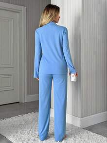EURMUSE Classic Button Front Embroidered Pajama Set – Soft Long Sleeve Top & Comfy Straight Leg Pants Loungewear - Blue - View 2