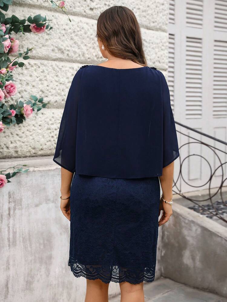 Plus Size Navy Blue Dress For Women,Elegant Wedding Guest Dress,Summer Fashionable Cold Shoulder Batwing Sleeve Round Neck Minimalist Lace Patchwork