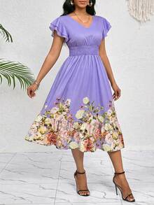 SHEIN Lady 女士休闲碎花中长连衣裙 - 淡紫色 - 查看 6