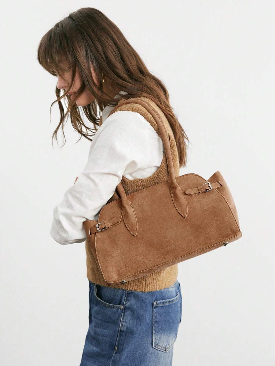 女士单肩包棕色手提包大容量通勤包 - 棕色 - 查看 1