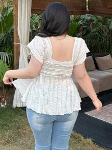 Vibekara Camiseta de manga larga con cuello de corazón, cordón delantero y jacquard de encaje para tallas grandes - Albaricoque - Ver 2