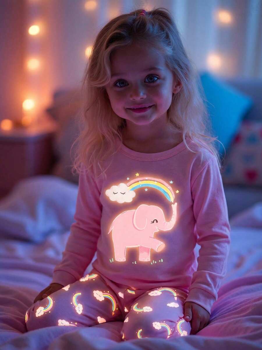 SHEIN 2pcs/Set Baby Girls' Pink Snug Fit Round Neck Long Sleeve Pants Knitted Soft & Cute Elephant & Rainbow Glow-In-The-Dark Pajamas, Best Gift For Baby Girls - Pink - View 1