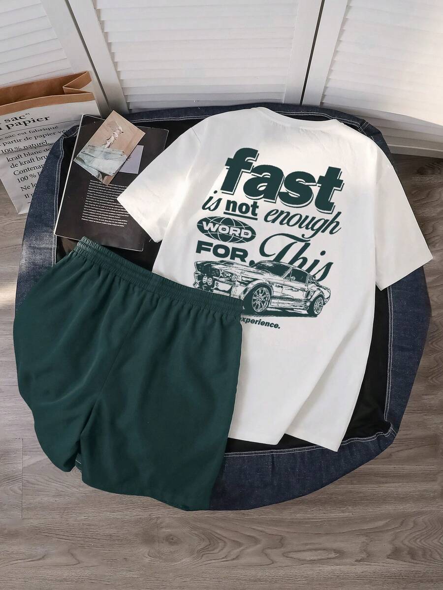 Manfinity Joysei 男士休闲修身白色针织上衣和绿色梭织短裤套装，经典汽车标志印花设计，春夏款 - 彩色 - 查看 1